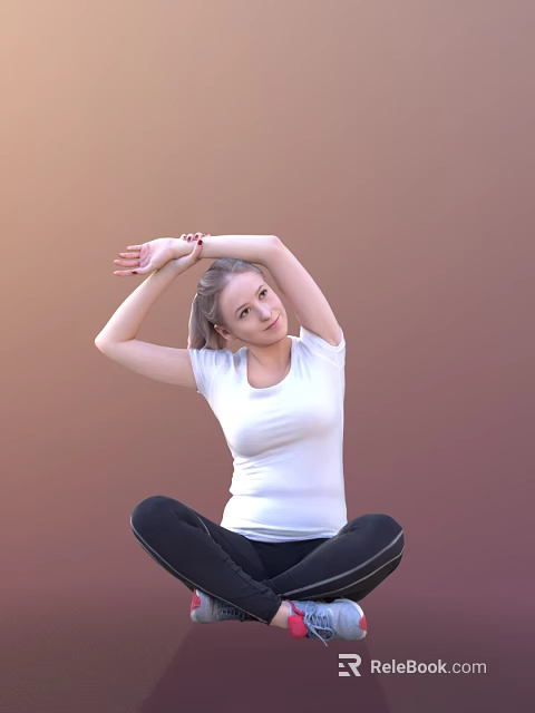 Woman Stretching Arms Overhead While Sitting On Floor In White T-shirt And Black Pants 3d model 