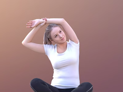 Woman Stretching Arms Overhead While Sitting On Floor In White T-shirt And Black Pants 3d model