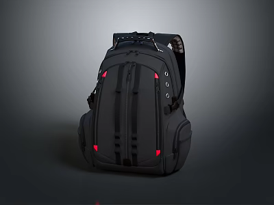 Durable Practical Black Backpack With Red Accents Multiple Pockets And Zippers 3d model
