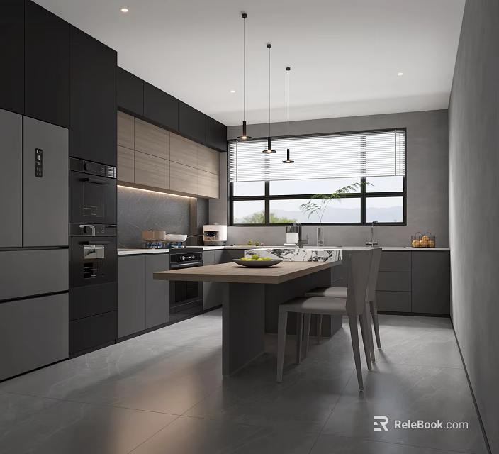 Sleek Modern Dark Grey Kitchen With Built In Appliances And Comfortable Integrated Dining Table 3d model 