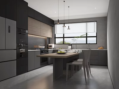 Sleek Modern Dark Grey Kitchen With Built In Appliances And Comfortable Integrated Dining Table 3d model