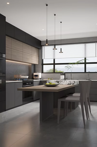 Sleek Modern Dark Grey Kitchen With Built In Appliances And Comfortable Integrated Dining Table 3d model