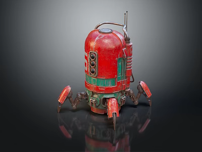 Red Spider Legged Robot With Metallic Texture Antenna And Mechanical Details 3d model