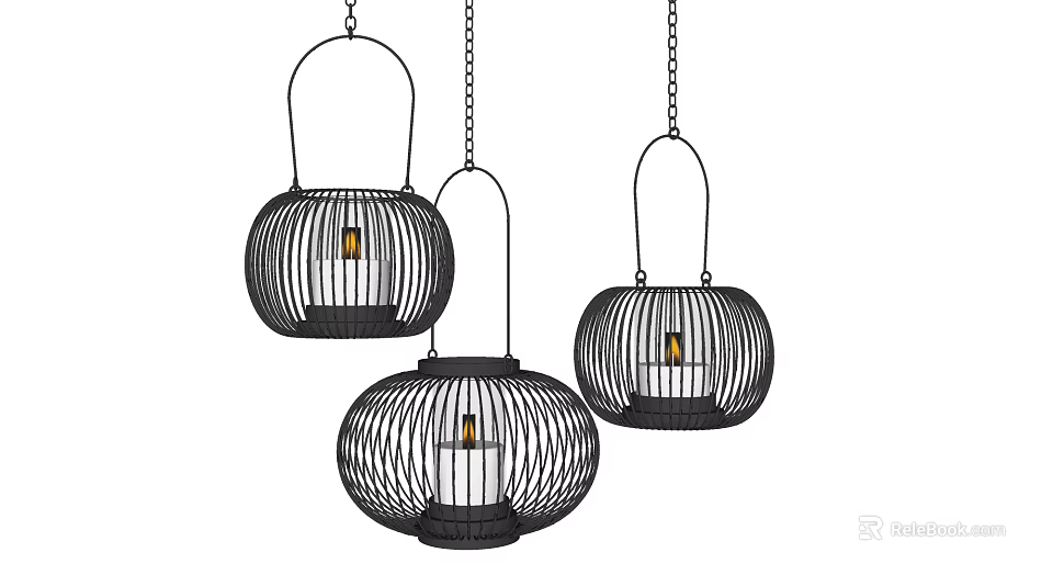 Black Cage Shaped Modern Hanging Chandeliers With Chain And Glowing Bulbs 3d model 