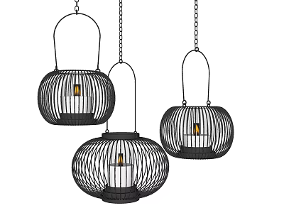 Black Cage Shaped Modern Hanging Chandeliers With Chain And Glowing Bulbs 3d model