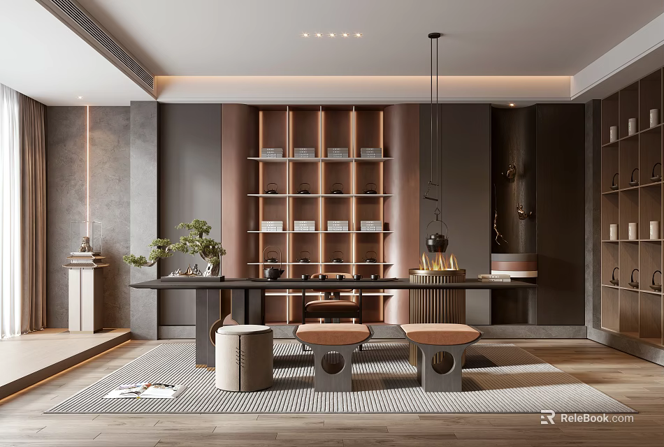Modern Tea Room Interior With Long Table Seats And Shelves 3d model 