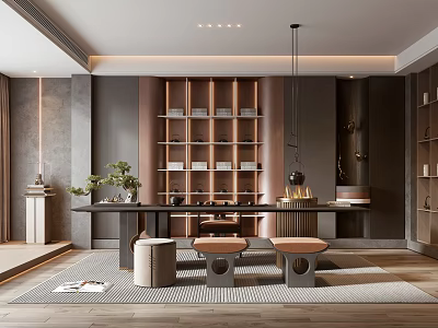 Modern Tea Room Interior With Long Table Seats And Shelves 3d model