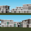 Modern Commercial Street Architecture With Glass Facade And Green Lawn Outdoor Space