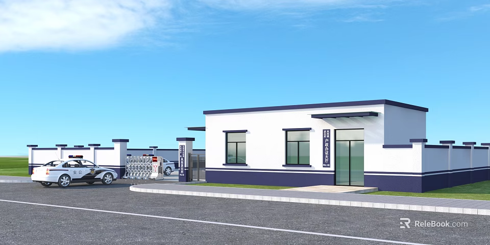 Entrance Gate of White and Blue Building with Front Platform and Parking Area 3d model 