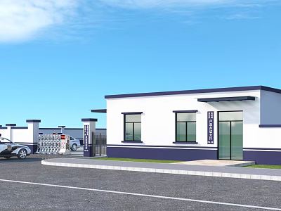 Entrance Gate of White and Blue Building with Front Platform and Parking Area 3d model