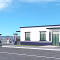 Entrance Gate of White and Blue Building with Front Platform and Parking Area