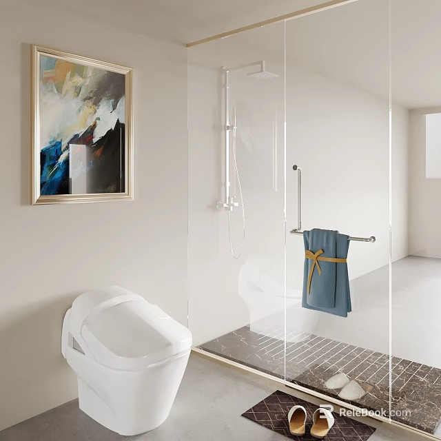 Bathroom Interior With Smart Toilet Glass Shower Enclosure Wall Painting Blue Towel And Yellow Ribbon 3d model 