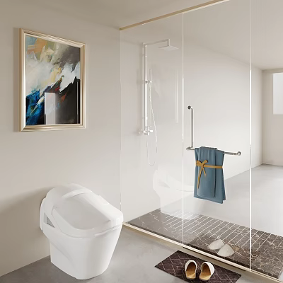 Bathroom Interior With Smart Toilet Glass Shower Enclosure Wall Painting Blue Towel And Yellow Ribbon 3d model