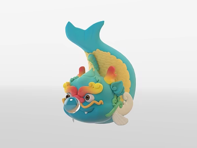 Blue Fish Shaped Doll With Lion Like Face Yellow Accents And Blowing Bubble 3d model