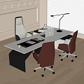 Modern Office Desk With Laptop Lamp Cup White High Back Brown Rolling Chairs Window Blinds
