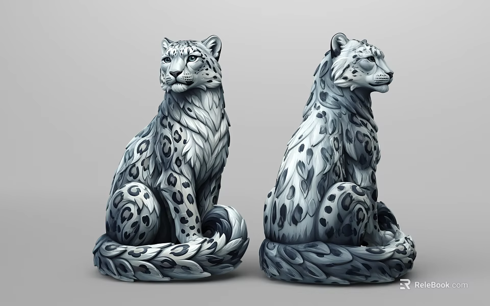 Pair of Snow Leopard Sculptures With Intricate Patterns And Artistic Design 3d model 