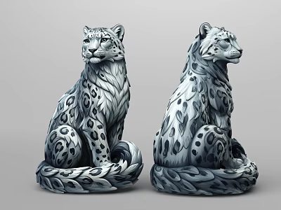 Pair of Snow Leopard Sculptures With Intricate Patterns And Artistic Design 3d model