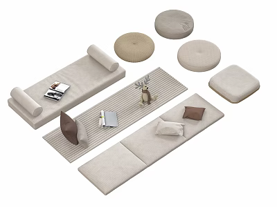 Cozy Floor Seating With Long Cushions Round Pillows And Decorative Tray 3d model