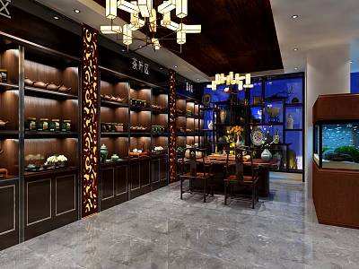 Elegant Chinese Style Specialty Store with Wooden Shelves Porcelain Displays and Chandeliers 3d model