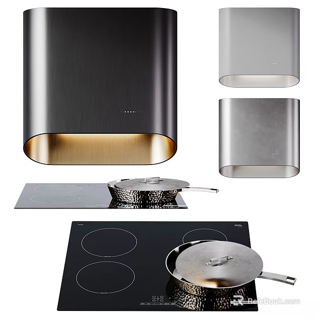Sleek Modern Kitchen Appliances With Stainless Steel Range Hood Black Cooktop And Metal Pot 3d model 
