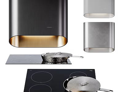 Sleek Modern Kitchen Appliances With Stainless Steel Range Hood Black Cooktop And Metal Pot 3d model