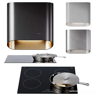 Sleek Modern Kitchen Appliances With Stainless Steel Range Hood Black Cooktop And Metal Pot 3d model