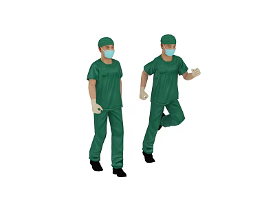 Men in Green Surgical Scrubs Wearing Face Masks and Caps One Standing Lifting Leg 3d model