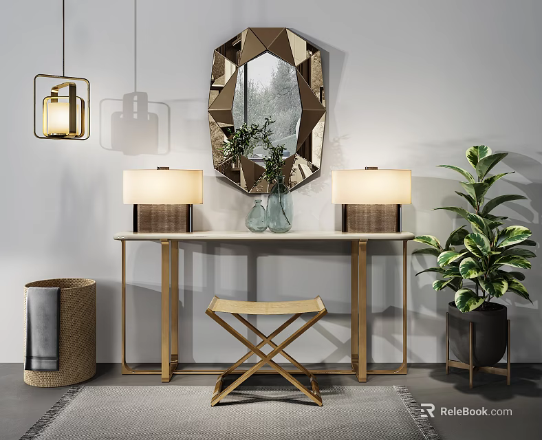 Modern Dressing Table With Octagonal Mirror Table Lamps Vase Green Plant And Stool 3d model