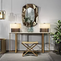 Modern Dressing Table With Octagonal Mirror Table Lamps Vase Green Plant And Stool 3d model