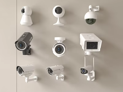 Various Projection Monitoring Cameras Mounted On Wall With Different Designs And Styles 3d model
