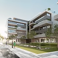 Modern Apartment Building Exterior Design With Green Courtyard And Glass Balconies