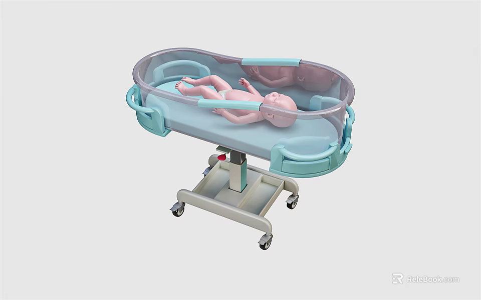 Mobile Baby Crib With Light Blue Frame Transparent Guardrails And Wheels 3d model 