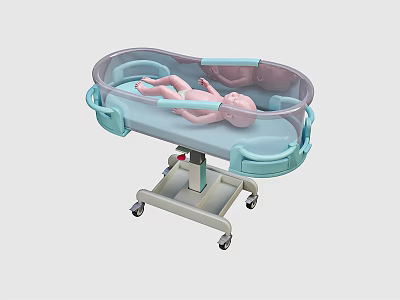Mobile Baby Crib With Light Blue Frame Transparent Guardrails And Wheels 3d model