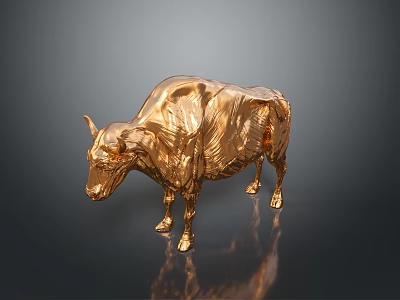 Golden Metallic Bull Sculpture With 3D Effect And Dark Background Reflection 3d model