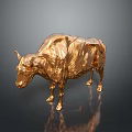 Golden Metallic Bull Sculpture With 3D Effect And Dark Background Reflection