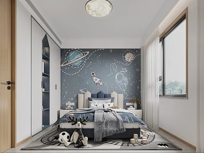 Modern Space Themed Kids Bedroom With Starry Wall Bed Toys And White Curtains 3d model