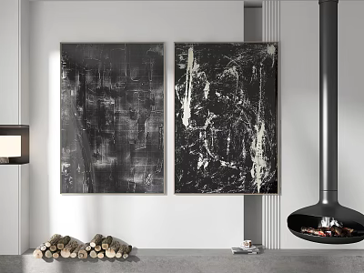 Black And White Abstract Paintings With Modern Fireplace Firewood And Table Lamp 3d model