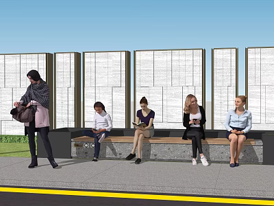 People Standing and Sitting on Wooden Bench in Public Rest Area with White Paneled Walls 3d model