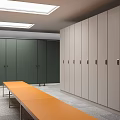 Bright Hallway With Rows Of Lockers Central Wooden Bench And Ceiling Lights