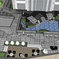 Modern Urban Garden Landscape With Serene Pond Lush Greenery Paved Walkways And Seating Areas