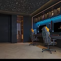 Modern Gaming Room Setup With Gaming Chairs Computer Monitors Starry Ceiling And Blue Lights