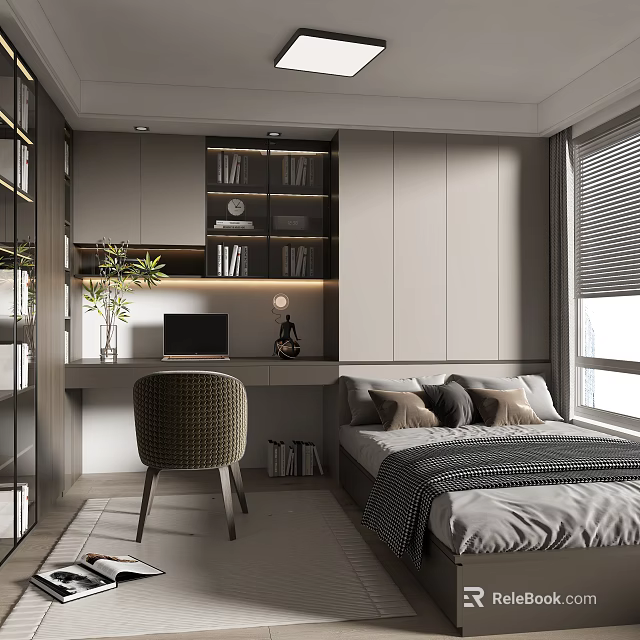 Modern Tatami Bedroom Interior Design With Storage Cabinets Desk And Window Blinds 3d model 