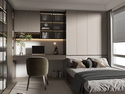 Modern Tatami Bedroom Interior Design With Storage Cabinets Desk And Window Blinds 3d model