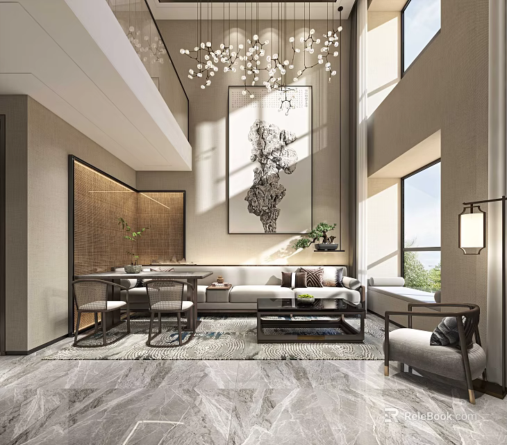 Modern Duplex Living Room With Chandelier Large Artwork And Floor To Ceiling Windows 3d model 