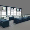 Modern Shopping Mall Store Interior With Glass Display Counters Blue Counters And Wall Digital Screens