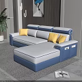 Modern Blue White Sectional Storage Sofa With Yellow Cushions And Plant In Living Room