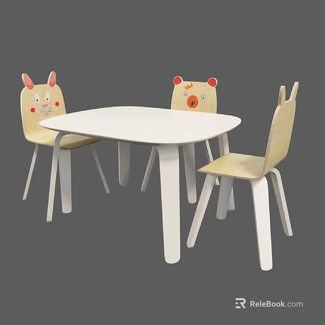 Children's Table with Animal Face Chairs and Light Wood Design for Kids Room 3d model 