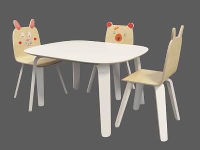Children's Table with Animal Face Chairs and Light Wood Design for Kids Room 3d model