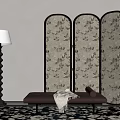 Elegant Room Setup With Floral Pattern Screen Bench Floor Lamp And Rug 3d model