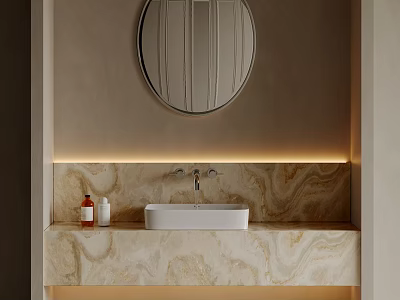 Modern Washbasin Area With Circular Mirror Marble Countertop Built-in Sink Light Strip And Minimalist Design 3d model